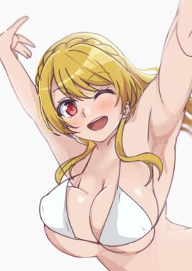 163_(shiromeshi) aimoto_rinku armpits arms_up big_breasts blush bouncing_breasts bra breasts cleavage d4dj female happy pointy_chin