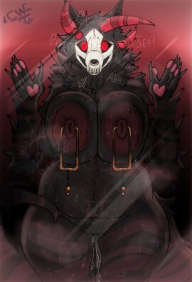 2025 3_horns 4_fingers absurd_res against_surface american_mythology anthro areola arm_tuft big_breasts big_tail biped black_body black_fur black_pubes black_sclera bodily_fluids body_hair bone breasts broken_glass cartoonwizzard curvy_figure dialogue digital_media_(artwork) dripping drooling elbow_tuft english_text female female_anthro fingers fur genital_fluids genitals glass happy_trail hi_res horn indigenous_north_american_mythology inviting_to_sex legs_together looking_at_viewer markings monster multi_horn mythology navel neck_tuft nipple_piercing nipple_ring nipples north_american_mythology nude nude_anthro nude_female on_glass pawpads piercing pink_pawpads pubes red_areola red_eyes red_horn red_nipples red_pubes ring_piercing saliva signature skull skull_head solo spiral_pupils striped_arms striped_legs striped_markings striped_tail stripes sweat sweatdrop sweaty_body tail tail_markings talking_to_viewer teeth text thick_thighs tuft vaginal_fluid_drip vaginal_fluids voluptuous voluptuous_anthro voluptuous_female vulva wendigo