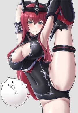 1girls armband armpits arms_up belly belly_button blush boots breasts cat_(battle_cats) color digital_media_(artwork) female galaxy_gals gloves green_eyes headmistress_jeanne inner_sideboob japanese_text large_breasts leg_up leotard light_skin long_hair mature_female nyanko_daisensou red_hair sed_(d4vcmk) smile splits standing_on_one_leg standing_split teacher text the_battle_cats thick_thighs thigh_strap thighs tiara tight_clothing