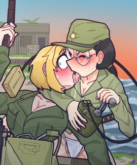 2girls black_hair blonde_hair blue_eyes dark_hair death dubious_consent explosives female female_focus female_only female_soldier glasses gun imminent_death imminent_suicide imperial_japan japanese_female japanese_sword kamikaze_(suicide) katana kissing kozatchu light-skinned_female light_skin m1911 military military_hat military_uniform multiple_females multiple_girls soldier tongue_kiss world_war_2 yellow_hair yuri