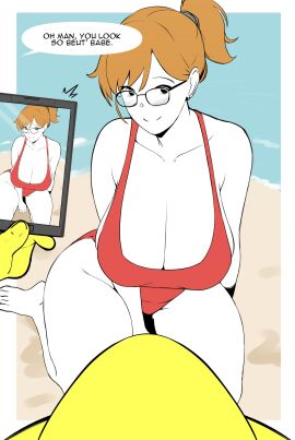 1boy 1girls adult_swim beach big_breasts blush breasts busty canon_couple charlie_(smiling_friends) cleavage cleavage_focus female glasses hi_res highres huge_breasts kneeling male one-piece_swimsuit orange_hair phone phone_screen photo ponytail pov safe_for_work setawar_(coco) smile smiling_friends speech_bubble swimsuit taking_picture thick_thighs voluptuous yellow_skin zoey_(smiling_friends)