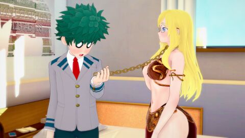 1boy 1girls 3d 3d_model 3d_render ass bare_arms bare_legs bare_midriff bare_shoulders bare_thighs bedroom bedroom_background bedroom_setting belly_button big_ass big_breasts bikini bikini_top blonde_hair blue_eyes blush blushing_face books bra bracelet breasts brown_bikini brown_bikini_top brown_bra chain_leash chained_collar chained_up chains closed_eyes collar crossover crossover_cosplay curtains curtains_open duo eyelashes female glasses glasses_on_face gold_(metal) gold_bracelets gold_buttons gold_collar gold_jewelry golden_bracelets golden_collar green_hair grey_jacket izuku_midoriya koikatsu leash leash_and_collar leash_pull leashed_collar light-skinned_female light_skin loincloth long_hair male master_and_pet master_and_servant master_and_slave may_the_4th_be_with_you medium_breasts melissa_shield meta2012 midoriya_izuku midriff my_hero_academia navel red_loincloth red_tie short_hair sideass silver_glasses slave slave_bikini slave_collar slave_girl slave_leia_(cosplay) slave_outfit star_wars straight thick_thighs white_shirt window