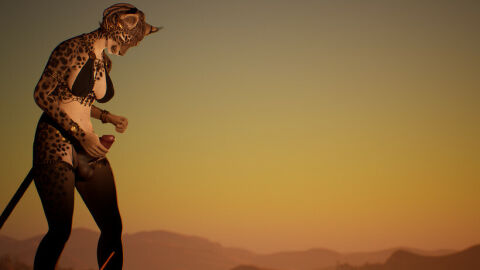 1futa anthro bra braided_hair breasts carnal_instinct cheetah desert dickgirl futanari gold_jewelry intersex masturbation penis solo stockings tail trans_woman transfem wallpaper