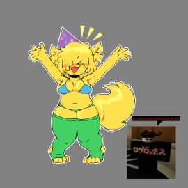 1girls 2d 2d_(artwork) bikini bikini_bottom bikini_top chubby chubby_female dialogue evilgoober excited female fluffy furry humor partially_clothed party_hat paws pest_(regretevator) poob_(regretevator) regretevator roblox roblox_game robloxian self_upload tagme tail text thighhighs yellow_fur yellow_hair