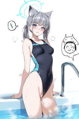 ! absurdres animal_ear_fluff animal_ears artistic_error ateoyh bare_arms bare_legs bare_shoulders blue_archive blue_eyes breasts censored censored_pussy clothing_aside competition_swimsuit covered_navel covered_nipples doodle_sensei_(blue_archive) female grey_hair hair_ornament halo highres looking_at_viewer multi_ear official_alternate_costume one-piece_swimsuit peeing pool pussy sensei_(blue_archive) shiroko_(blue_archive) shiroko_(swimsuit)_(blue_archive) small_breasts spoken_exclamation_mark swimsuit swimsuit_aside thighs wet wolf_ears