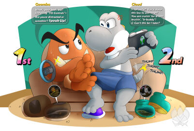 2boys anthro barefoot bodily_fluids charmander clothing dialogue erection erection_under_clothing extreme_size_difference feet foot_fetish foot_focus foot_play gaming gay generation_1_pokemon genital_fluids goomba group hi_res inside_clothing inside_shoe insole lagomorph leporid male male/male male_only mammal mario_(series) mario_kart mario_kart_world micro nintendo nintendo_switch_2 playing_video_game pokemon pokemon_(species) precum precum_through_clothing rabbit scalie size_difference speech_bubble sweat trapped_in_clothing trapped_in_shoe vaxen12 wet wet_clothing white_yoshi yoshi