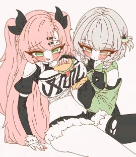 2girls anby_demara animated belly_button big_breasts blush breasts burger day_1day drooling female female_only fully_clothed gif green_eyes hair_ornament nicole_demara pink_hair tagme white_background white_hair yuri zenless_zone_zero