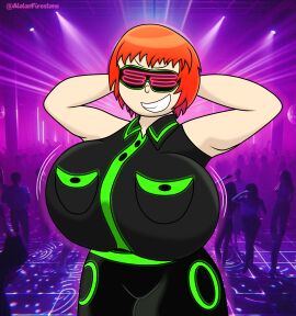 alolanfirestone bare_shoulders big_breasts black_jacket black_pants bouncing_breasts breasts breasts_bigger_than_head button_down_shirt buttons clara_firestone_(alolanfirestone) dancer_outfit female female_focus glasses grin hands_behind_head highres huge_breasts large_breasts neon_lights orange_hair original original_character original_characters party party_glasses rave sleveless_shirt