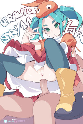 1boy 1girls :o anal anal_sex aqua_hair ass blue_thighhighs boots clothed_female_nude_male clothed_sex commentary cowgirl_position dress dress_lift english_commentary female green_eyes hairless_pussy hat highres hotvr male medium_hair monogatari_(series) no_panties nude ononoki_yotsugi orange_hat penis penis_in_ass pixiv_username pointy_ears pussy red_skirt reverse_cowgirl_position sex shaved_pussy short_sleeves simple_background skirt skirt_lift straight subscribestar_logo subscribestar_username thighhighs thighs twintails uncensored w white_background yellow_footwear young