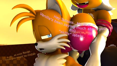 1boy 1boys 1girls 3d 3d_model age_difference anthro bat breasts dialogue english_text female fox fox_boy fox_ears huge_breasts imminent_sex kabalmystic male massive_breasts mobian mobian_(species) mobian_bat older_female older_female_and_younger_male one_female rouge_the_bat rouge_the_bat_(kabalmystic) sega shorter_male sonic_(series) sonic_adventure_2 sonic_the_hedgehog_(series) tagme tails tails_the_fox taller_female text younger_male zaveviers