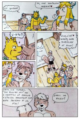 2_horns absurd_res anthro arm_pads aroused aroused_by_another aroused_male athletic athletic_anthro athletic_male balls bara bed bed_sheet bedding bedroom belly biceps big_belly black_nose blizzard_entertainment blonde_hair blue_cape blue_clothing blue_eyes blush blush_lines bottomwear bovid bovid_horn bovine bovine_ears bovine_horn bovine_tail brown_body brown_clothing brown_fur brown_hair brown_underwear bulge bulge_lick canid canine cape cattle closed_eyes clothing comic comic_panel dashfox dashthefox dialogue ebro english_text fill_(furryratchet) floor fluffy fluffy_tail fox fur furniture genitals green_eyes hair heart_symbol hi_res high-angle_view horn kai_(dash_fox) legpads licking long_hair magic_aura male male/male mammal masculine_male medieval medieval_clothing medieval_fantasy multicolored_body multicolored_fur musclegut muscular muscular_anthro muscular_male mustelid one_eye_closed otter pecs pillow rodent sciurid speech_bubble squirrel tail tail_tattoo tattoo tauren teeth text thick_tail tongue traditional_media_(artwork) tree_squirrel underwear warcraft white_hair wink wood wood_floor yaoi yellow_body yellow_fur