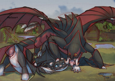 blue_eyes bodily_fluids claws dart_(httyd) deathgripper dragon dreamworks duo eye_contact female feral genitals grass hi_res how_to_train_your_dragon knot looking_at_another male male/female melisssa9 multicolored_body mythological_creature mythological_scalie mythology night_light outside outside_sex penetration penile penile_penetration penis penis_in_pussy pinned pinned_to_ground plant pussy scales scalie sex spikes spikes_(anatomy) teeth tongue tongue_out tree two-tone_body vaginal_penetration wings yellow_eyes