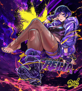 barefoot black_hair blue_eyes boots breasts breasts_out cleavage clothing crop_top crossed_legs feet female fingerless_gloves foot_fetish footwear full_body gloves high_resolution hood hood_down hooded_jacket jacket jewelry large_filesize legwear looking_at_viewer mole nail_polish open_clothes open_jacket pantyhose purple_eyes purple_hair purple_jacket purple_toenails reina_mishima reiq see-through shoes shoes_removed short_hair short_shorts shorts single_shoe sitting smile solo stirrup_legwear tekken tekken_8 toenail_polish toenails toes torn_clothes torn_legwear torn_pantyhose