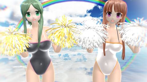 2023 2girls 3d belly_button black_swimsuit breasts brown-haired_female cheerleader cleavage clouds duo_female duo_focus female green-haired_female green_eyes hati_yukkuri_mmd hidden_star_in_four_seasons human light-skinned_female light_skin long-haired_female looking_at_viewer mmd morning nishida_satono pink_eyes pom_poms rainbow sea sky swimsuit teireida_mai touhou water white_swimsuit