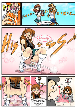 6koma absurdres ass biku black_dress blush breasts brown_hair closed_eyes comic creatures_(company) dress dress_lift english_text female game_freak gloves green_(pokemon) highres multiple_females multiple_girls nintendo open_mouth panties panty_pull peeing pokeball pokemon pokemon_adventures pussy speech_bubble squatting uncensored underwear white_gloves