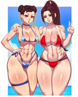 2girls abs arm_on_shoulder arm_on_stomach ass beach big_ass big_breasts bikini blue_bikini breasts brown_hair capcom chun-li crossover double_bun fatal_fury female female_focus female_only huge_breasts king_of_fighters large_breasts long_hair looking_at_viewer luchidart mai_shiranui mommy multiple_females multiple_girls ox_horns peace_sign ponytail red_bikini six_pack smile smiling_at_viewer snk solo_female street_fighter street_fighter_6 swimsuit thick_thighs thighs twin_buns