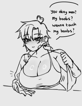 1girls akira404040 big_breasts boobs?_wanna_touch_boobs? breasts dialogue english_text female female_focus female_only neru_(akira404040) offering offering_to_viewer open_clothes open_shirt original tagme text