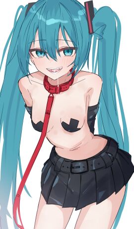 aqua_eyes aqua_hair arm_warmers arms_behind_back belt belt_collar black_skirt blush breasts collar collarbone cowboy_shot cross cross_pasties cum cum_in_mouth double-parted_bangs female hair_between_eyes hatsune_miku highres implied_after_fellatio leaning_forward leash long_hair looking_at_viewer miniskirt open_mouth pasties pleated_skirt red_collar simple_background skirt small_breasts solo stomach teeth thinker25075754 thinker2525 twintails very_long_hair vocaloid white_background x_pasties