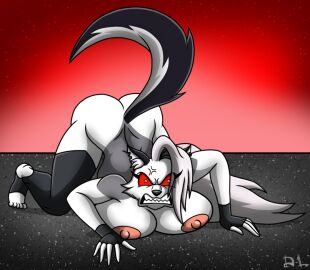 2024 angry anthro ass berty-j-a breasts canid canid_demon canine demon digital_media_(artwork) female fur grey_body grey_fur grey_hair hair hellhound helluva_boss loona_(helluva_boss) lying mammal multicolored_body multicolored_fur mythological_canine mythological_creature mythology nipples nude on_front red_sclera solo tail two-tone_body two-tone_fur white_body white_eyes white_fur