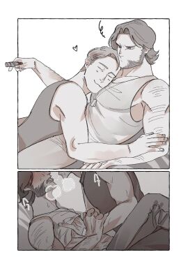 2boys :3 after_kiss arm_hair blush cigar closed_eyes closed_mouth deadpool facial_hair gay grabbing_another's_arm hand_under_clothes holding holding_cigar james_howlett large_pectorals looking_at_another lying lying_on_person male male/male male_focus male_only marvel marvel_comics monochrome multiple_boys multiple_males muscular muscular_male mutant_(marvel) mutate_(marvel) pants pectoral_pillow pectoral_press pectorals saliva saliva_trail sleeveless sweat tank_top tongue tongue_out wade_wilson wolverine_(x-men) wonpese x-men x-men_origins:_wolverine yaoi