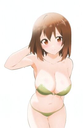 1girls bending_forward brown_hair female hand_behind_head hitorilily k-on! simple_background smiling_at_viewer solo swimsuit tagme underwear yui_hirasawa_(k-on!)