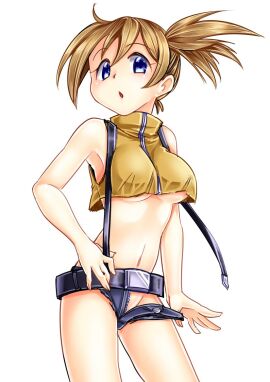 bare_shoulders belt blue_eyes blue_shorts breasts brown_hair creatures_(company) crop_top crop_top_overhang denim denim_shorts female game_freak hinoki_bayashi kasumi_(pokemon) looking_at_viewer medium_breasts midriff misty_(the_electric_tale_of_pikachu) navel nintendo no_panties open_fly orange_hair pokemon pokemon:_the_electric_tale_of_pikachu pokemon_(anime) pokemon_(classic_anime) pokemon_rgby ponytail shirt short_hair short_shorts shorts side_ponytail sleeveless sleeveless_shirt solo suspenders tank_top thighs underboob unzipped zipper