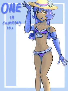 1girls algebralien amputee battle_for_dream_island bfdi bikini blue_bikini blue_eyes blue_hair color colored english female female_only humanized object_show object_shows one_(bfdi) prosthetic_arm safe_for_work smile solo solo_female swimming_suit swimsuit tan_body text the_power_of_two tpot xenoliy