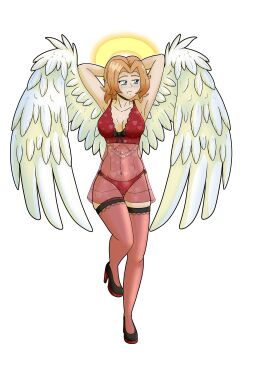 angel_wings bed bedroom bella_rise_of_the_runelords blonde_hair blue_eyes blush halo heels pinup pinup_pose rise_of_the_runelords sexy_pose theloadingcrew thick_ass thick_thighs thong wings