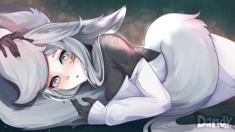 animal_ears artist_name bangs black_gloves blush breasts dya_rikku_(vtuber) elbow_gloves female fox_ears fox_tail gloves grey_eyes grey_hair hand_on_another's_head horse_girl long_hair long_sleeves looking_at_viewer lying on_stomach parted_lips petting signature silver_hair solo tail virtual_youtuber vyugen