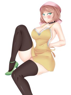 1girls apron arms_behind_back ayasunrise_(vtuber) beret black_thighhighs blue_eyes blush blush_lines breasts choker cleavage dozysketch female female_focus female_only indie_virtual_youtuber indie_vtuber large_thighs looking_at_viewer malaysia_vtuber malaysian medium_breasts naked_apron one_leg_raised peach_hair pink_beret short_hair sideboob sitting slim_waist smiling smiling_at_viewer thigh_highs thighhighs thighs virtual_youtuber vtuber yellow_apron