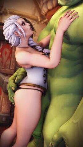 1boy 1girls 3d blizzard_entertainment blonde_hair female green_skin huge_cock human human_(world_of_warcraft) interspecies jaina_proudmoore male orc orc_(warcraft) orc_male orced penis piroguh warcraft white_hair world_of_warcraft wow