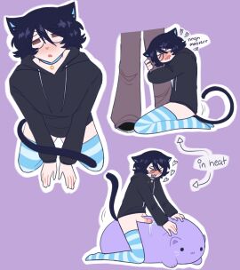 bell_collar black_clothing black_hair black_hoodie cat_boy catboy collar fleshpile glasses hoodie humping humping_leg humping_plushie in_heat kittyplay male male_focus male_only needy no_underwear petplay plushie round_glasses striped_thighhighs tail thighhighs yaoi