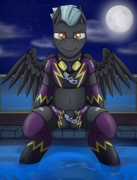 absurd_res arm_warmers armwear balls balls_outline briefs bulge clothed clothed_feral clothed_male clothing crop_top crossdressing crossdressing_(mtf) crossdressing_male detailed_bulge drawstring drawstring_bottomwear drawstring_swimwear equid equine eyewear femboy feral footwear friendship_is_magic gay gay_male genital_outline goggles goggles_around_neck hasbro hi_res homosexual homosexual_male horse legwear looking_at_viewer male mammal midriff moon my_little_pony mythological_creature mythological_equine mythology navel night pegasus pony poolside reflection shadowbolts_(mlp) shadowbolts_uniform shirt sitting socks solo speedo spread_legs spread_wings spreading stockings swimwear tacomytaco thunderlane_(mlp) topwear underwear water wings