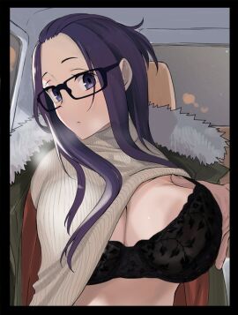 1boy 1girls absurdres arai_kei areola_slip bangs_pinned_back black-framed_eyewear black_bra bra breasts car_interior cleavage clothes_lift coat commentary_request female glasses grabbing_another's_breast green_coat groping hair_flip highres kagamihara_sakura large_breasts looking_to_the_side male purple_eyes purple_hair ribbed_sweater sidelocks solo_focus straight sweater sweater_lift turtleneck turtleneck_sweater underwear white_sweater yurucamp