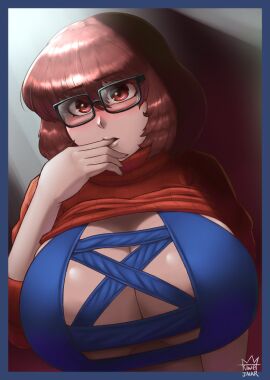 1girls 5_fingers alternate_body_type alternate_breast_size big_breasts bikini blue_swimsuit boobs breasts brown_background brown_eyes brown_hair brown_pupils cartoon_network clothed clothed_female curvaceous curvaceous_female curvy curvy_body curvy_female curvy_figure enormous_breasts female finger_in_mouth giant_breasts gigantic_breasts glasses glasses_on_face hanna-barbera high_resolution highres huge_breasts kingjnar large_breasts light-skinned_female light_skin looking_at_another looking_at_viewer massive_breasts nerd open_mouth orange_shirt pov pov_eye_contact red_cheeks scooby-doo shirt shirt_lift shirt_up short_hair showing_breasts simple_background standing swimsuit velma_dinkley