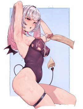 arms_behind_head breasts covered_navel covered_nipples cum cum_on_body cum_on_breasts cum_on_legs demon demon_girl demon_tail detached_wings disembodied_penis ejaculation female from_side gradient_hair grey_hair highleg highleg_leotard highres impossible_clothes impossible_leotard indie_virtual_youtuber large_breasts leotard long_hair looking_at_penis male mini_wings multicolored_hair parted_lips penis pink_hair purple_leotard rat_huang red_eyes skindentation solo_focus strapless strapless_leotard suou_patra sweat tail thigh_strap thighs torn_clothes torn_leotard twintails virtual_youtuber wings