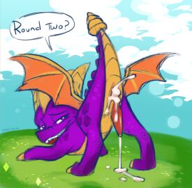 2025 absurd_res activision ass black_text blue_sky bodily_fluids claws cloud colored cum cum_in_ass cum_inside cum_leaking_from_ass cum_on_ground digital_drawing_(artwork) digital_media_(artwork) dragon english_text feral genital_fluids genitals grass hi_res horn leaking_cum male mythological_creature mythological_scalie mythology orange_wings penis plant presenting presenting_hindquarters prince-vulpine purple_body purple_scales raised_tail red_penis requesting scales scalie sex_request sky solo speech_bubble spyro spyro_the_dragon tail tapering_penis text wings yellow_body yellow_claws yellow_horn yellow_scales yellow_underbelly