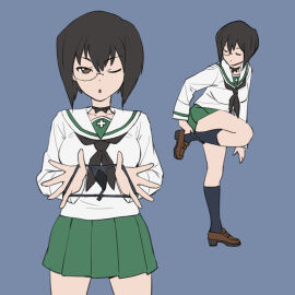 1girls ;o black-framed_eyewear black_choker black_eyes black_hair black_legwear black_neckerchief black_panties blouse blue_background bob_cut bow bow_choker brown_footwear choker closed_eyes commentary female frown girls_und_panzer green_skirt highres holding holding_panties holding_underwear holding_unworn_clothes kawashima_momo kneehighs leg_up loafers long_sleeves looking_at_viewer miniskirt monocle multiple_views neckerchief one_eye_closed onsen_tamago_(hs_egg) ooarai_school_uniform open_mouth panties panty_pull pleated_skirt presenting_removed_panties pulling_own_clothes sailor_collar school_uniform semi-rimless_eyewear serafuku shirt shoes short_hair simple_background skirt socks standing standing_on_one_leg thong under-rim_eyewear underwear white_sailor_collar white_shirt