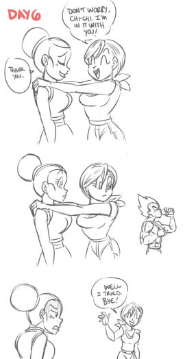 1boy 2girls breasts bulma_briefs chichi chinese_clothes dragon_ball dragon_ball_super earrings female fully_clothed funsexydragonball male medium_breasts monochrome no_nut_november shirtless_male short_hair sweat sweatdrop text text_bubble vegeta