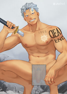 1boy abs andy_(undead_unluck) balls bara censored completely_nude erection gay gay_male grey_hair highres holding holding_sword holding_weapon large_pectorals male male_focus male_only male_pubic_hair muscular muscular_male navel nipples nude pectorals penis pubic_hair short_hair smile solo squatting sword teeth testicles uhai undead_unluck weapon yaoi