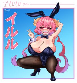 1girls 2d alternate_version_available big_breasts blush bowtie bowtie_collar breasts bunnysuit busty chiru13 color commission fake_animal_ears fake_rabbit_ears female female_only full_color giant_breasts high_heels horns huge_breasts ilulu_(dragon_maid) japanese_text leotard light-skinned_female light_skin looking_at_viewer miss_kobayashi's_dragon_maid non-nude open_mouth pantyhose peace_sign pink_eyes pink_hair playboy_bunny pose posing_for_the_viewer sharp_teeth simple_background smile solo squatting strapless_leotard thick_thighs v_sign
