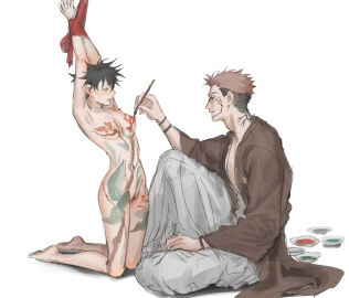 140wwwei 1boy arm_tattoo armpits arms_up black_hair blush bodypaint bound bound_wrists breasts cleft_of_venus closed_mouth couple cup facial_tattoo female fushiguro_megumi genderswap genderswap_(mtf) green_eyes highres holding holding_paintbrush itadori_yuuji japanese_clothes jujutsu_kaisen kimono looking_at_another male medium_breasts multi_eye nipples nude open_mouth paint paintbrush painting_(action) pink_hair pussy red_eyes rule_63 ryoumen_sukuna_(jujutsu_kaisen) short_hair sitting smile spiked_hair straight tattoo white_background wide_sleeves