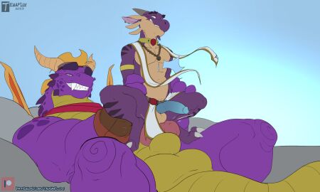 activision anal anal_sex animal_genitalia anthro armband balloonist_spyro balls belt blue_penis blush blush_lines bottomwear bottomwear_aside clothing clothing_aside collar crouching crouching_reverse_cowgirl digitigrade dragon duo ear_piercing ear_ring erection eyewear eyewear_on_head facial_spikes fangs fingerless_gloves frill_(anatomy) genitals gloves goggles goggles_on_head handwear hi_res holding_partner jaw_spikes jewelry kerchief knot knotted_penis kobold leather leather_clothing leather_gloves leather_handwear loincloth loincloth_aside looking_at_another looking_at_partner looking_pleasured lying male male/male motion_lines multicolored_body muscular muscular_anthro muscular_male mythological_creature mythological_scalie mythology neck_spikes neckerchief necklace on_back on_bottom on_top penetration penis penis_size_difference piercing pink_penis pronounced_browridge purple_body reverse_cowgirl_position ring_piercing robe scalie sex sheath simple_background size_difference smile spikes spikes_(anatomy) spyro spyro_the_dragon stomach_bulge teeth tenaflux toothy_grin two-tone_body varian_(alcitron)