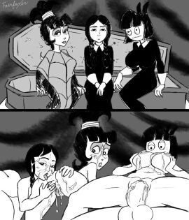 1boy 3girls adult_swim beetlejuice big_breasts black_and_white breasts casting_couch creepy_susie crossover cum cum_in_pussy cum_inside eating_ass female goth goth_girl instant_loss instant_loss_2koma looking_at_viewer lydia_deetz male monochrome pov pov_eye_contact pussy the_addams_family the_oblongs vaginal_penetration vaginal_sex wednesday_addams