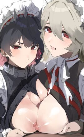 1boy 2girls :/ alexandrina_sebastiane black_hair breasts censored cooperative_paizuri earclip ellen_joe female grey_hair hair_between_eyes highres large_breasts long_hair looking_at_viewer maid maid_headdress male mosaic_censoring multiple_females multiple_girls nipple-to-nipple nipples open_mouth paizuri penis pov red_eyes smile straight tomochi_(tmc_tmc8) victoria_housekeeping zenless_zone_zero