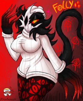 1girls artist_name beret big_ass big_breasts black_body black_hair breasts character_name clawed_fingers claws clothed curvy curvy_female demon demon_girl demon_tail dragon_kaioshin eyes female female_only folly_(regretevator) fully_clothed heart looking_at_viewer mask masked masked_female nightmare_waifu not_porn red_eyes red_sclera regretevator roblox roblox_game shadow solo solo_female source_request suggestive sweater tail text thick_thighs thight_clothing yellow_eyes