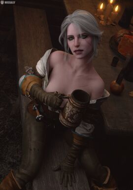 3d alcohol alcoholic_drink boots breasts cd_projekt_red ciri clothing female freckles gloves green_eyes light-skinned_female light_skin mascara missally no_bra scar seductive_eyes seductive_pose solo solo_female tavern the_witcher_(series) the_witcher_3:_wild_hunt undressing white_hair