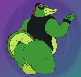 anthro ass backsack balls ballsack big_ass big_butt clothing crocodile crocodilian crocodylid electronics genitals gesture green_body hand_gesture headphones hi_res looking_at_viewer male multicolored_body pointing presenting presenting_hindquarters rear_view red_spines reptile scalie sega slightly_chubby slightly_chubby_male smile solo sonic_(series) sonic_the_hedgehog_(series) tail teeth topwear two-tone_body vector_the_crocodile vest waniiime wristband yellow_eyes