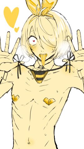 aged_up bob_cut breath bunny_ears fangs femboy gegege_no_kitarou getakichi hair_over_one_eye heart-shaped_pupils kaho_pvt kitarou long_tongue looking_at_viewer male male_only monochrome open_mouth pasties skinny solo sweat tongue tongue_out twink underwear underwear_removed yellow_theme