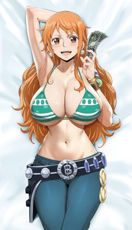 1girls arm_tattoo arm_up bikini blue_tattoo bracelet breasts brown_eyes clothing dakimakura_(medium) earrings female female_human female_only fit_female highres holding holding_money hourglass_figure huge_breasts human jeans jewelry large_breasts light-skinned_female log_pose long_hair looking_at_viewer lying money nami_(one_piece) navel nipples on_back on_bed one_piece orange-haired_female orange_hair pearl_earrings post-timeskip pussy shoulder_tattoo slim_waist smile solo stomach t3x tattoo uncensored variant_set wide_hips